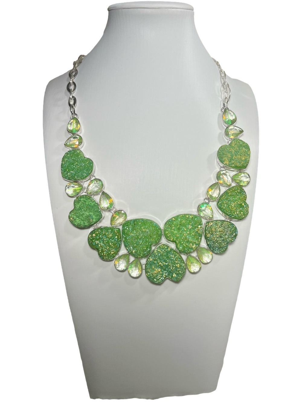 Green Titanium Druzy Heart 925 Silver Gemstone Necklace